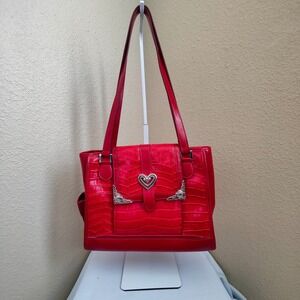 Y2K Red Faux Leather Croc Embossed Shoulder Bag Brighton Style Heart Maximalist